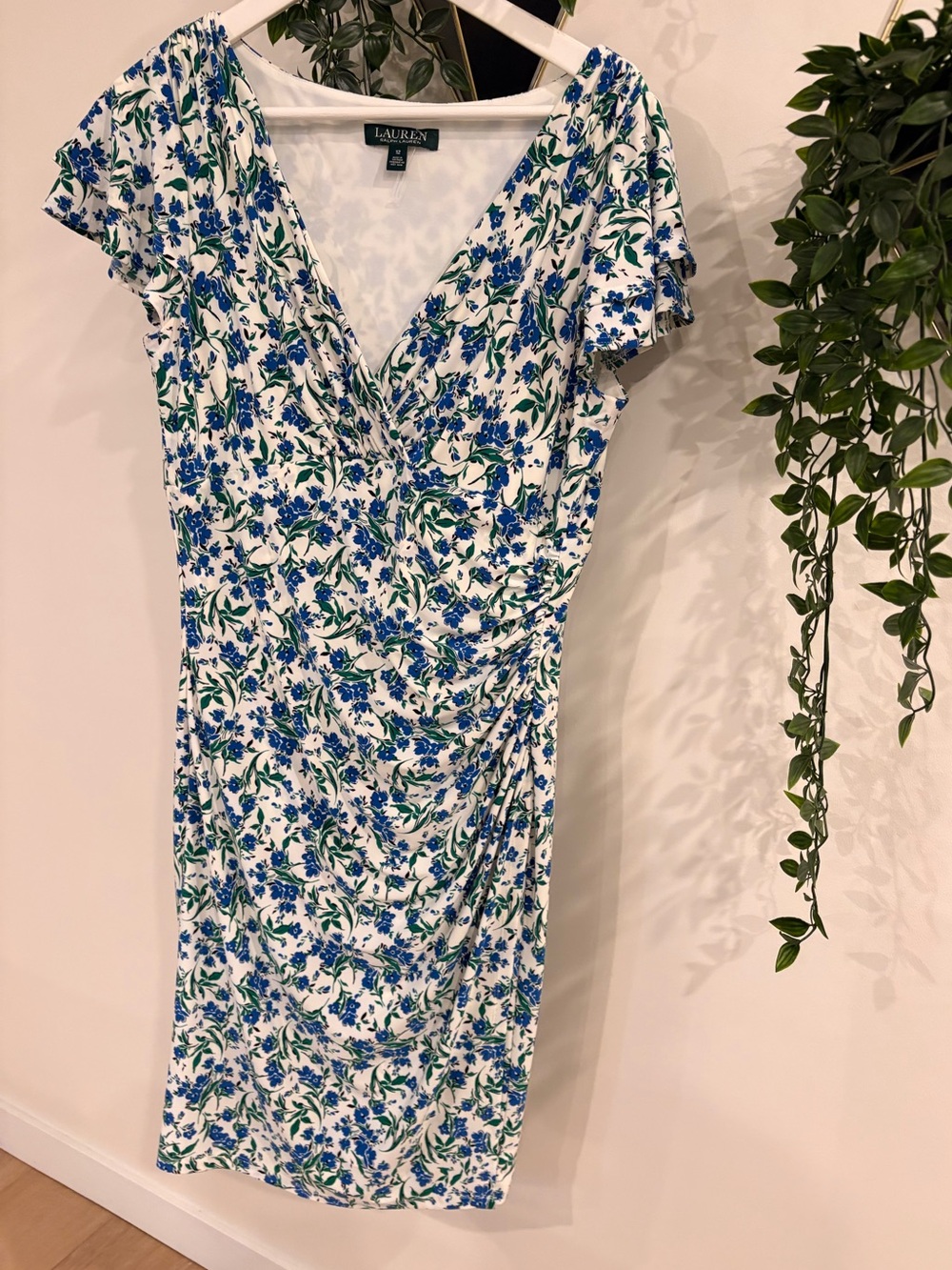 Ralph Lauren White Floral V-Neck Dress with Blue and Green Print